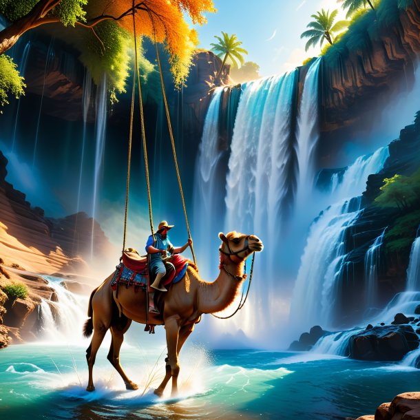 Photo of a swinging on a swing of a camel in the waterfall