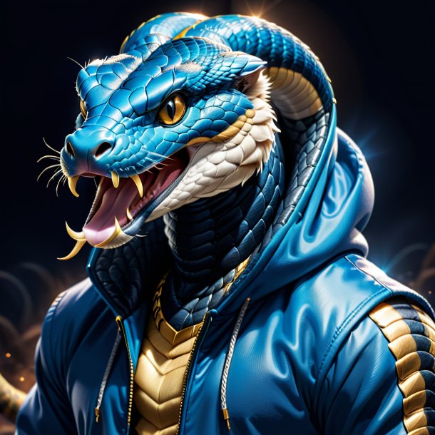 Image of a king cobra in a blue hoodie