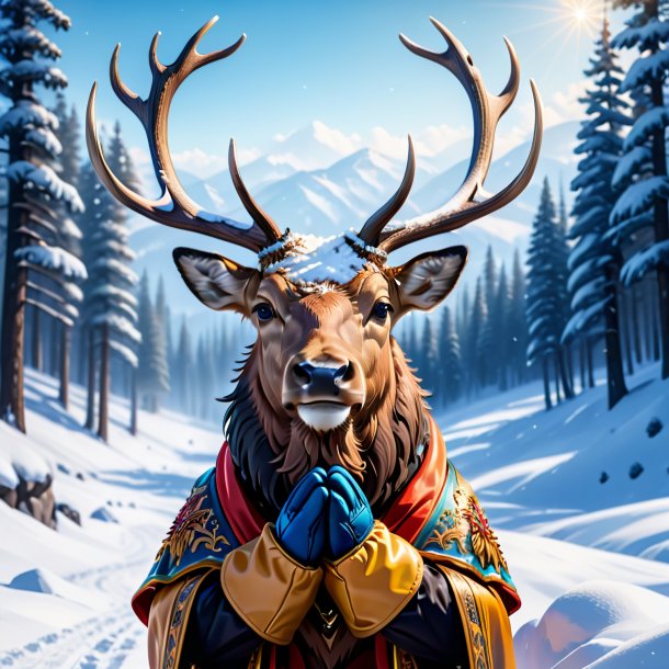 Illustration of a elk in a gloves in the snow