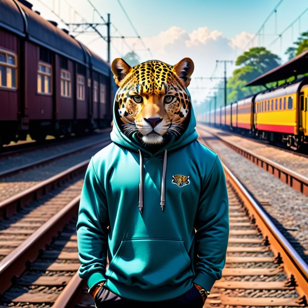 Imagem de um jaguar em um hoodie nos trilhos ferroviários