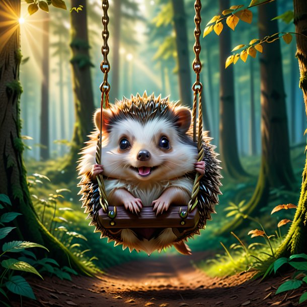 Picture of a swinging on a swing of a hedgehog in the forest