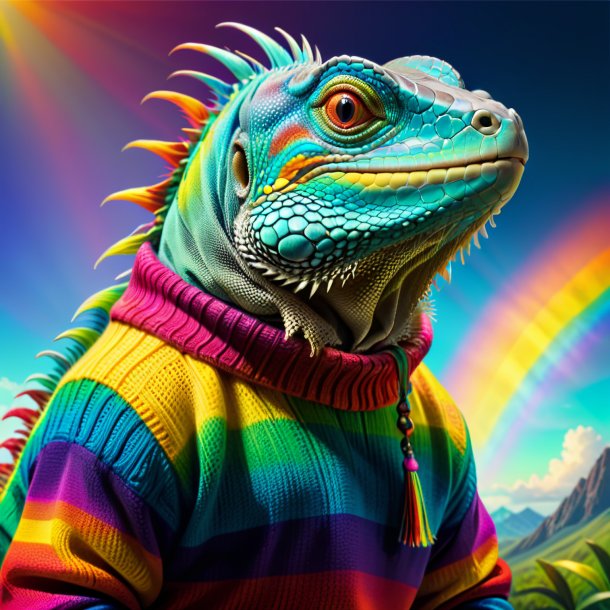 Drawing of a iguana in a sweater on the rainbow