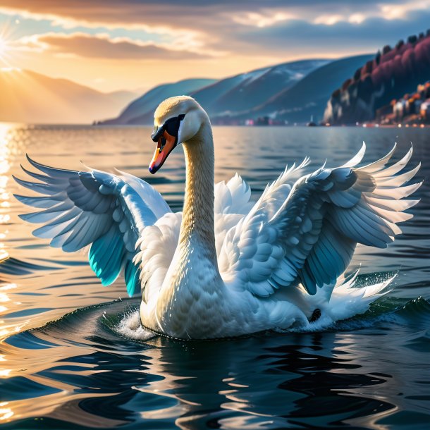 Image of a swan in a coat in the sea