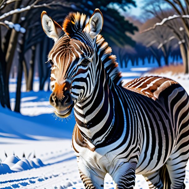 Image of a smiling of a zebra in the snow