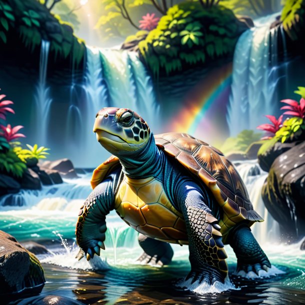 Image of a turtle in a sweater in the waterfall