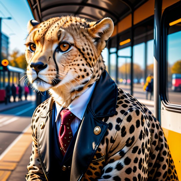 Foto de uma chita em um casaco no ponto de ônibus