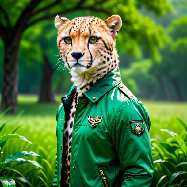 Photo of a cheetah in a green jacket