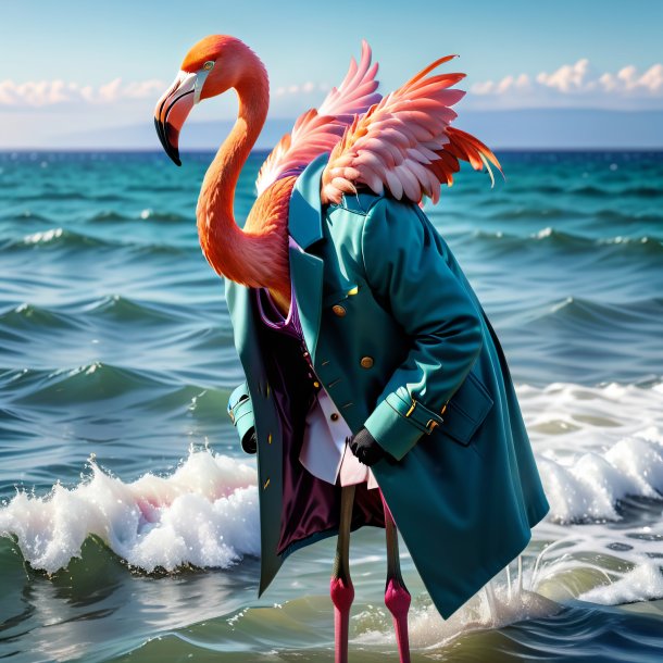 De um flamingo em um casaco no mar