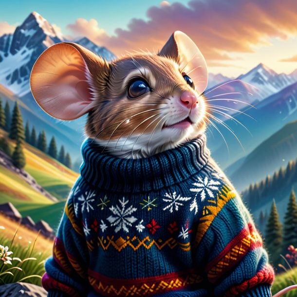 Illustration of a mouse in a sweater in the mountains