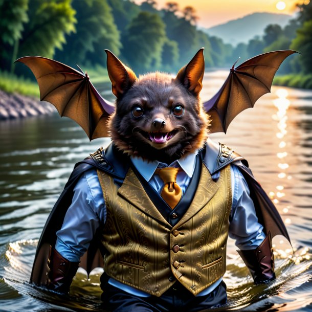 Photo of a bat in a vest in the river