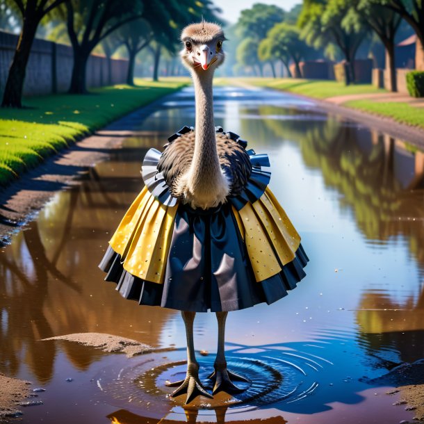 Foto de um avestruz em uma saia na poça