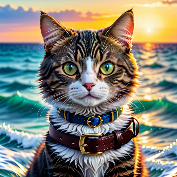 Pic of a cat in a belt in the sea