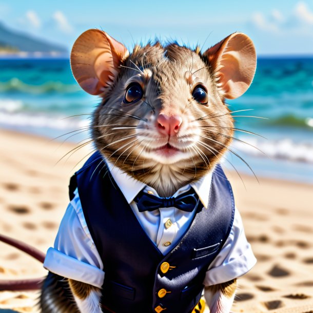 Image of a rat in a vest on the beach