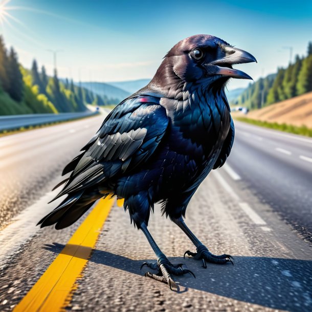 Foto de un cuervo en jeans en la carretera