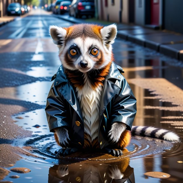 Image of a lemur in a coat in the puddle