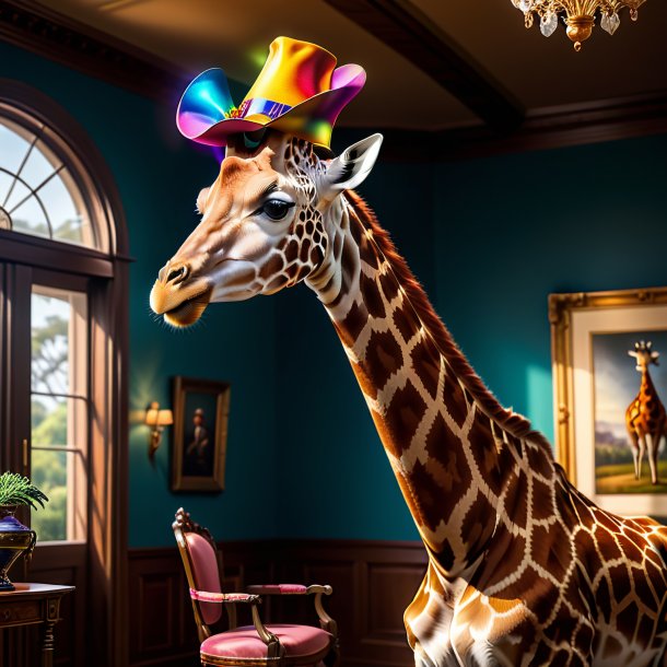 Image of a giraffe in a hat in the house