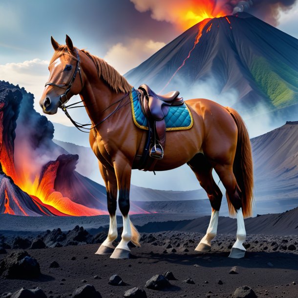 Photo of a horse in a trousers in the volcano