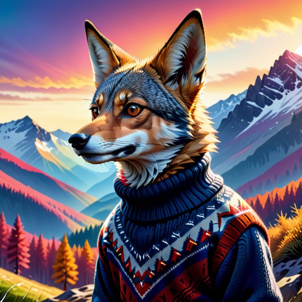 Illustration of a jackal in a sweater in the mountains