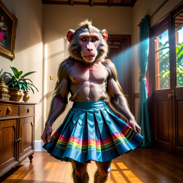 Image of a baboon in a skirt in the house