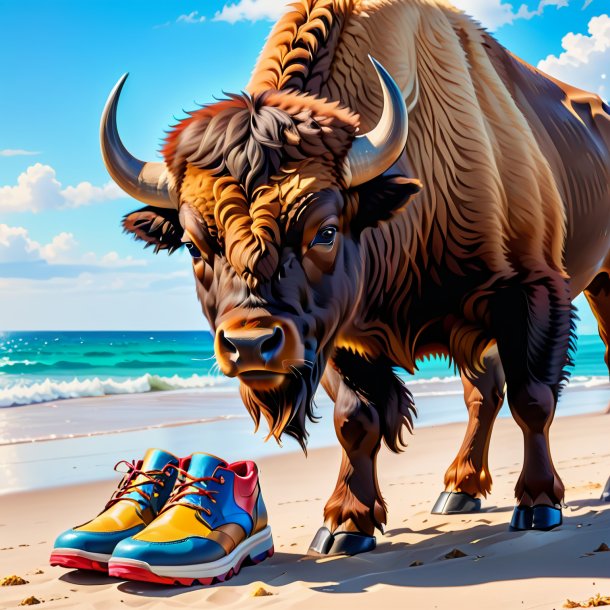 Foto de um bisonte em um sapatos na praia