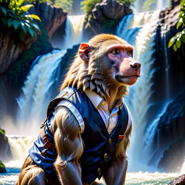 Photo of a baboon in a vest in the waterfall