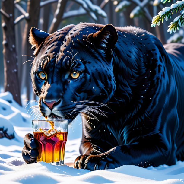 Photo of a drinking of a panther in the snow