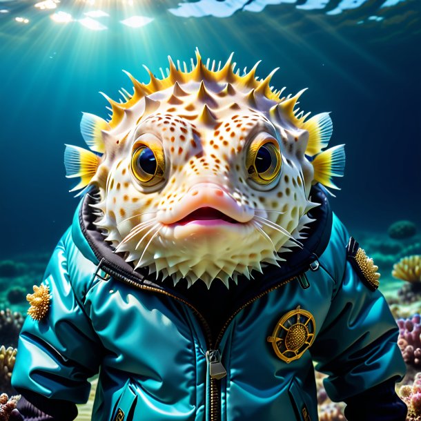 Photo of a pufferfish in a jacket in the sea