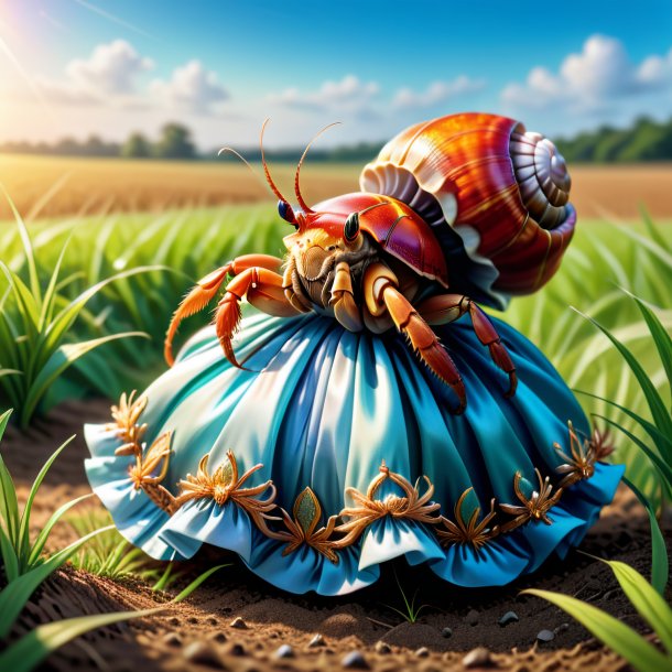 Illustration of a hermit crab in a dress on the field