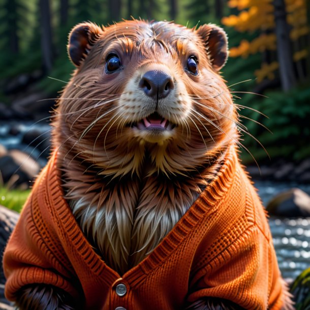 Pic of a beaver in a orange sweater