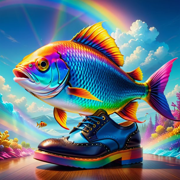 Illustration of a fish in a shoes on the rainbow