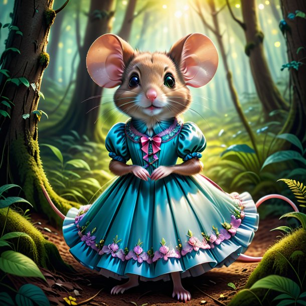 Illustration of a mouse in a dress in the forest