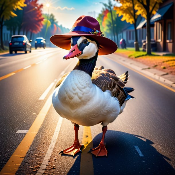 Photo of a goose in a hat on the road