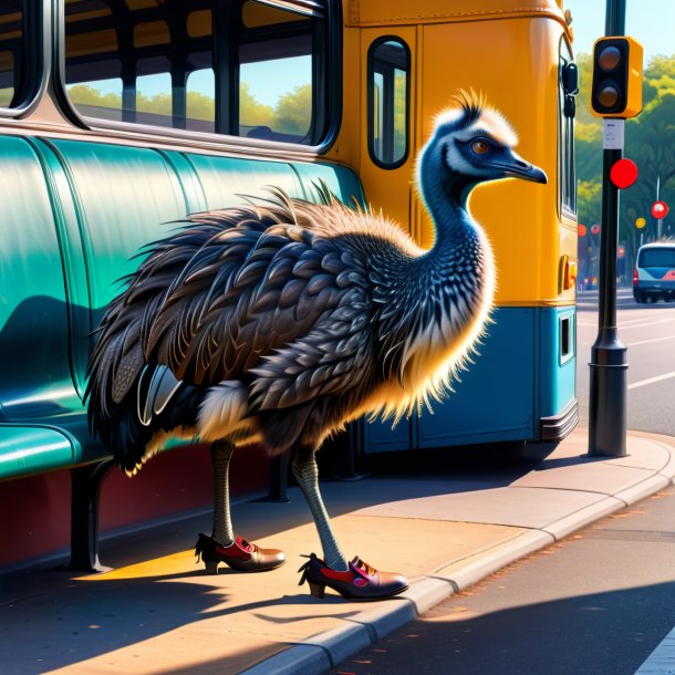 Desenho de uma emu em um sapatos no ponto de ônibus