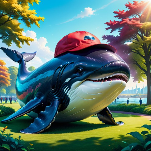 Dessin d'une baleine dans une casquette dans le parc