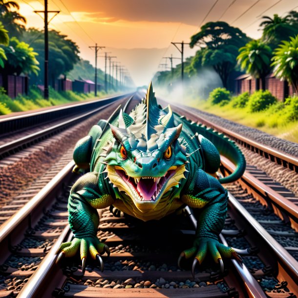 Foto de una amenaza de un basilisco sobre las vías ferroviarias