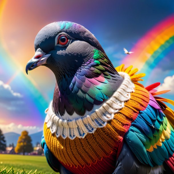 Photo d'un pigeon dans un pull sur l'arc-en-ciel