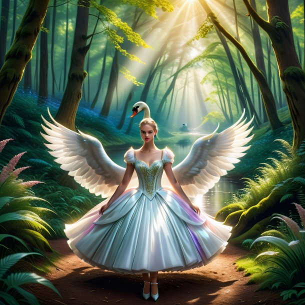 Picture of a swan in a dress in the forest