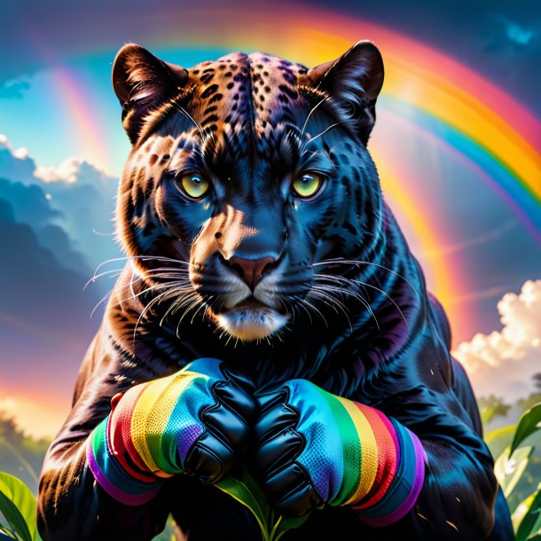 Photo of a panther in a gloves on the rainbow