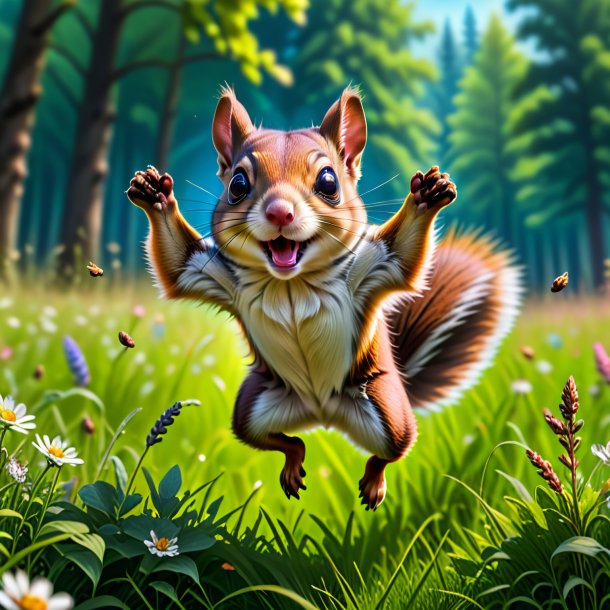 Image of a jumping of a flying squirrel in the meadow