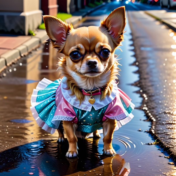 Picture of a chihuahua in a skirt in the puddle