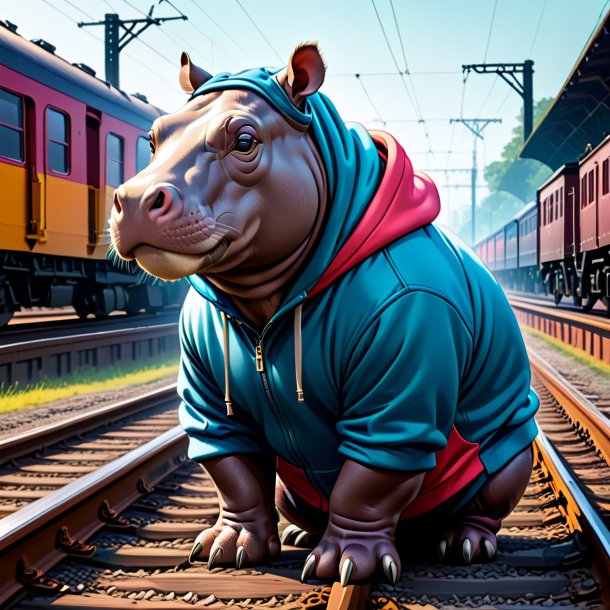 Drawing of a hippopotamus in a hoodie on the railway tracks