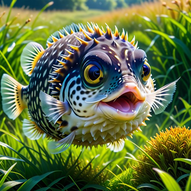 Pic of a jumping of a pufferfish in the meadow