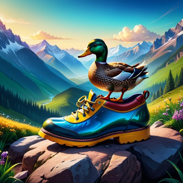 Illustration of a duck in a shoes in the mountains