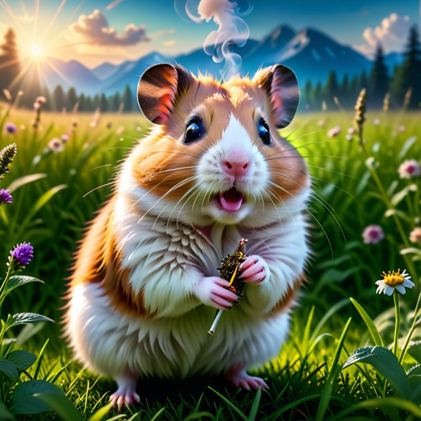 Image of a smoking of a hamster in the meadow