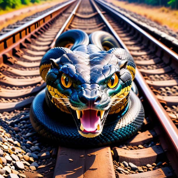 Picture of a king cobra in a shoes on the railway tracks