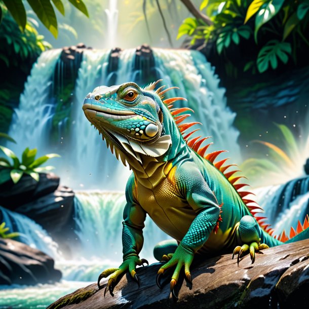 Image of a playing of a iguana in the waterfall