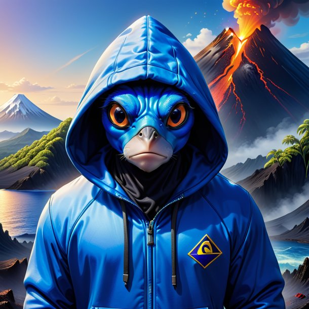 Drawing of a blue tang in a hoodie in the volcano