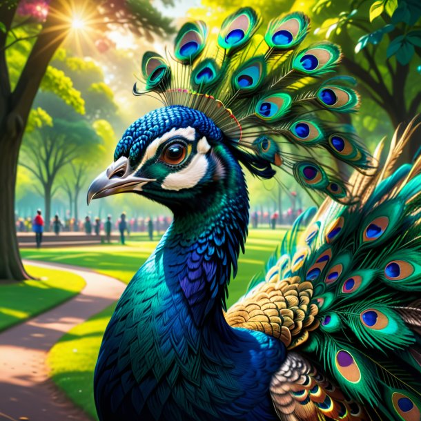 Drawing of a peacock in a cap in the park