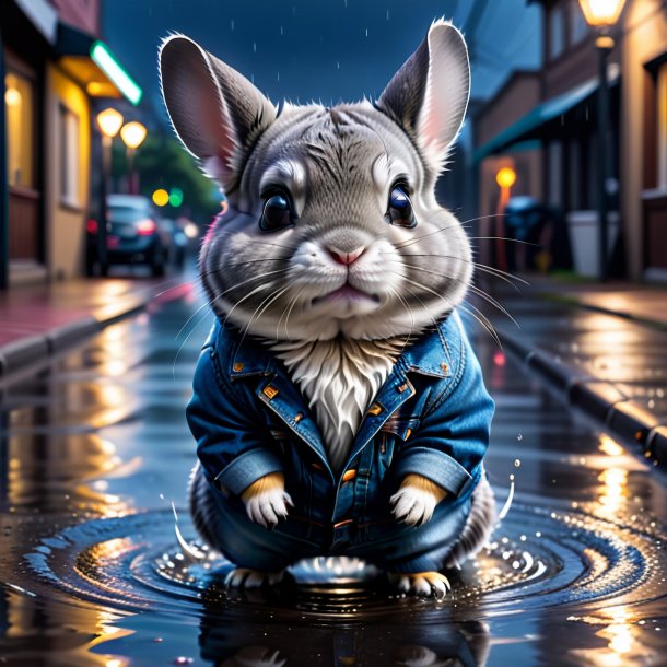 Photo of a chinchillas in a jeans in the puddle