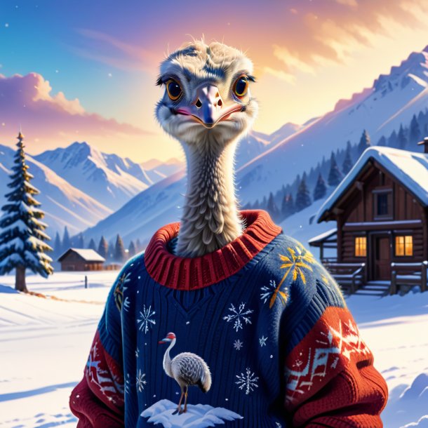 Drawing of a ostrich in a sweater in the snow